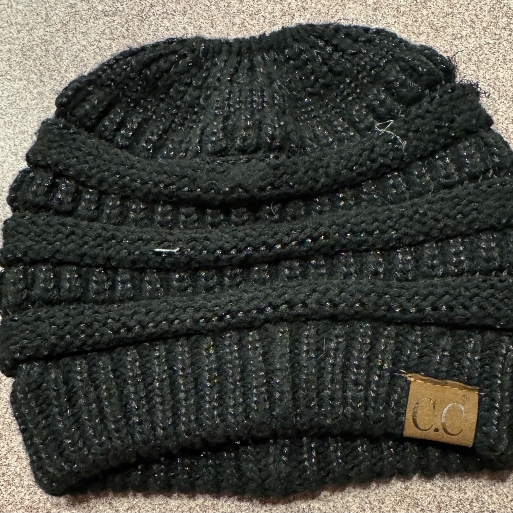 C.C Charcoal Knit Beanie For Pony Tail
